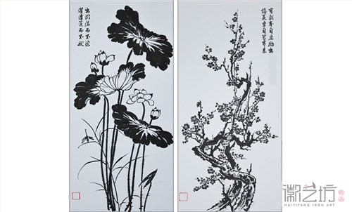 小区园林景观——汇成名郡小区大门装饰铁画《冬梅》《夏荷》